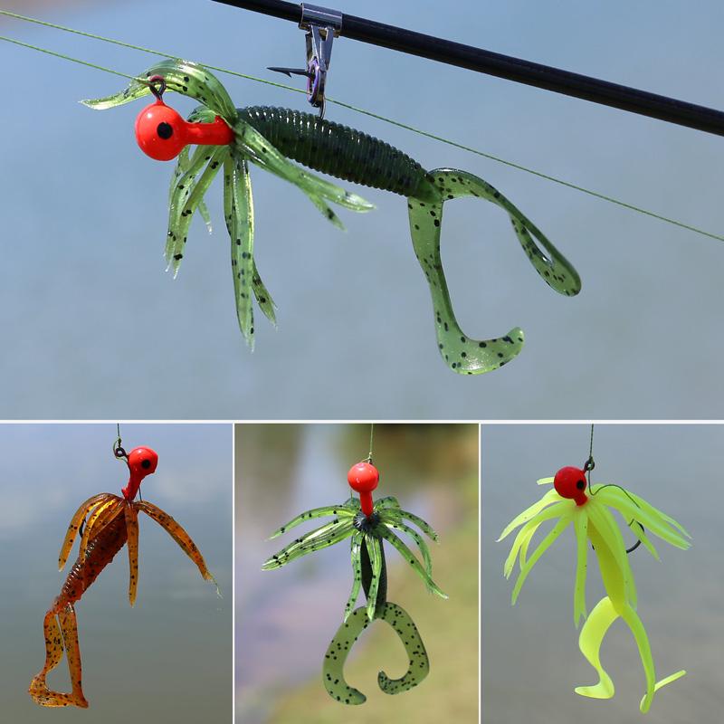 Набор рыболовных приманок с мягкими наживками в виде кальмаров, червями и крючками с джиг-головкой, рыболовные снасти в коробке