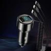 66W Car Phone Charger with Voltage Display Dual USB Fast Charging Adapter + 3 In 1 Stretchable Cable