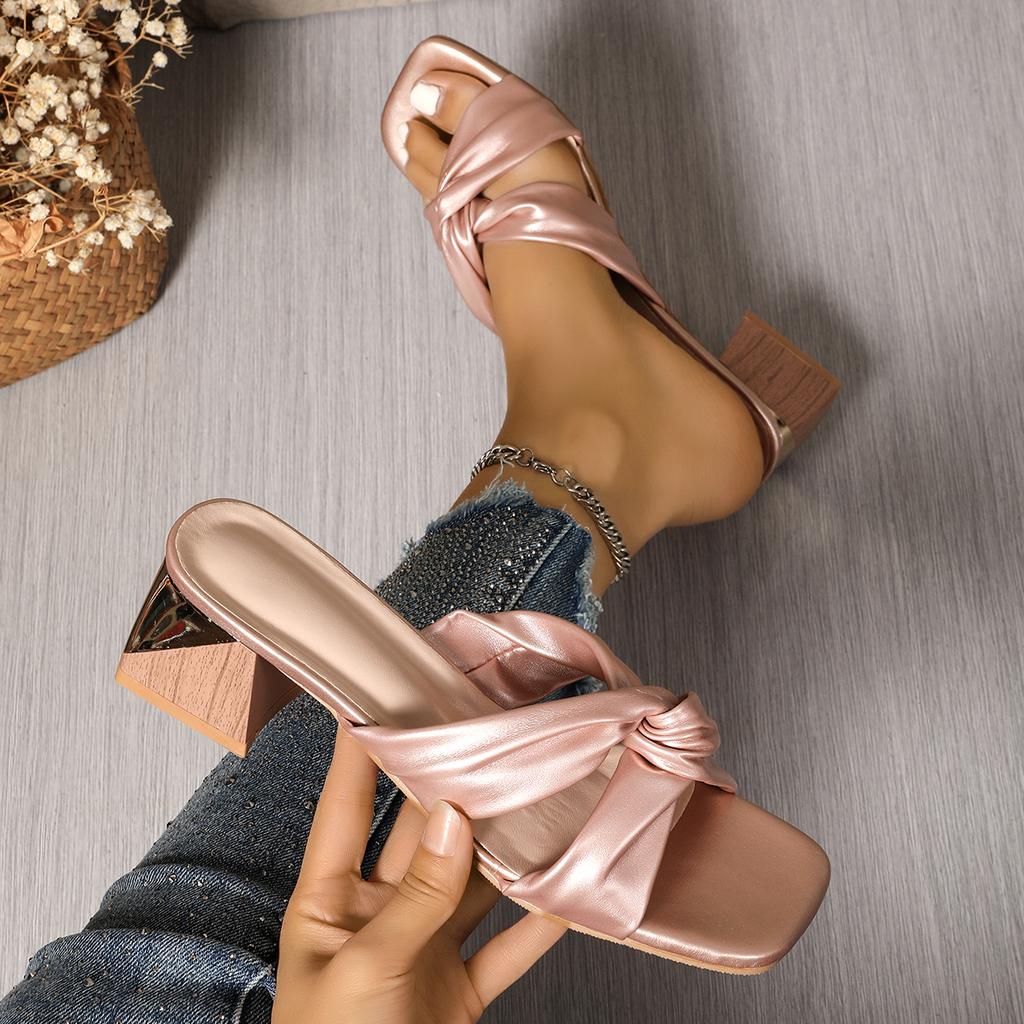 Мода 2025 Женская мода Туфли на толстом каблуке Летняя новинка Квадратный носок Открытый носок Линия сгиба с Нескользящий Износостойкий Каблук Шлепанцы