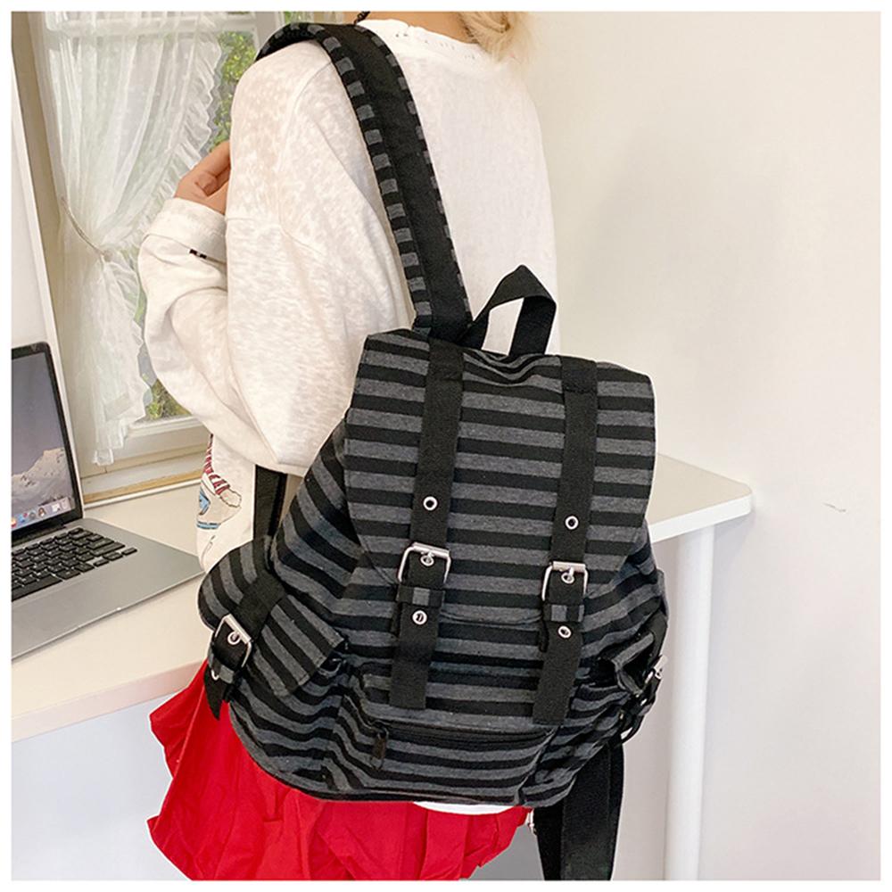 High Quality Korean Style Retro Backpacks Drawstring Design Flat Stripe Bookbags Large Capacity Soft Tote Bags Unisex