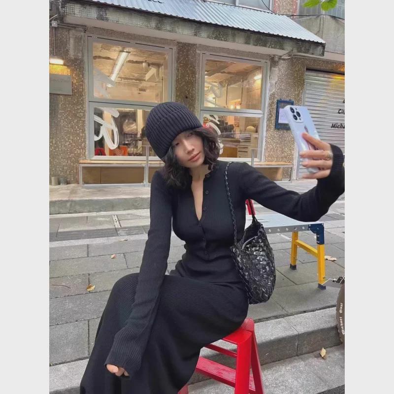 Женское облегающее платье корейской моды с V-образным вырезом, длинными рукавами и запахом на бедрах, осень/зима 2024 г.