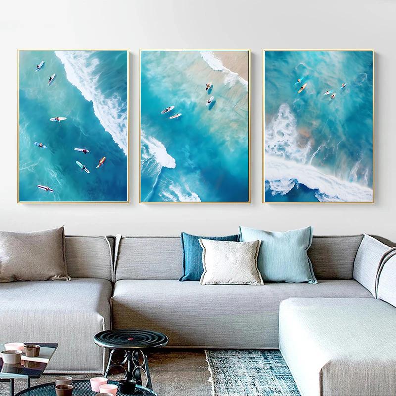 Blue Watercolor Ocean Marine Organism Whale Shark Manta Rays Poster Sea Beach Surf Canvas Painting Wall Art for Room Home