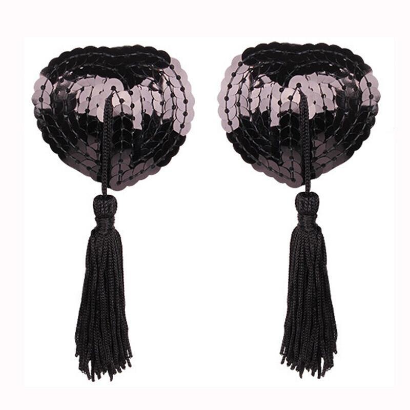 Heart-Shaped Silicone Nipple Covers with Tassels and Sequins - Sexy Lingerie Accessories