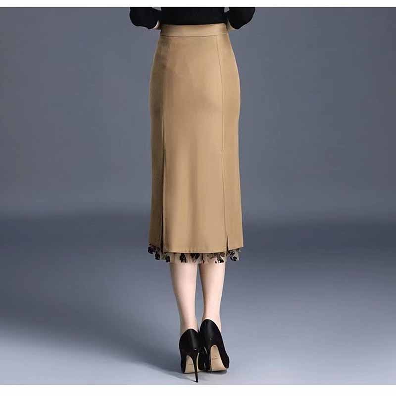 Women Spring Summer Irregular Mesh Skirt Band Splice High Waist Skirt Knee Khaki Split Office Lady Skirt