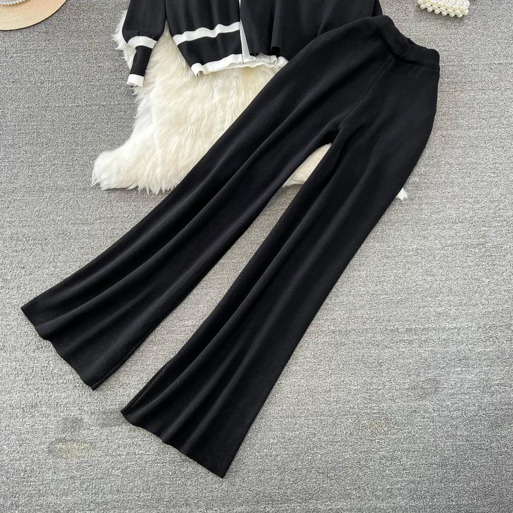 Осень-зима, винтажный однотонный вязаный свитер, брюки, комплект из 3 предметов, женский спортивный костюм, куртка на молнии с длинными рукавами, пальто, жилет, брюки, наряды