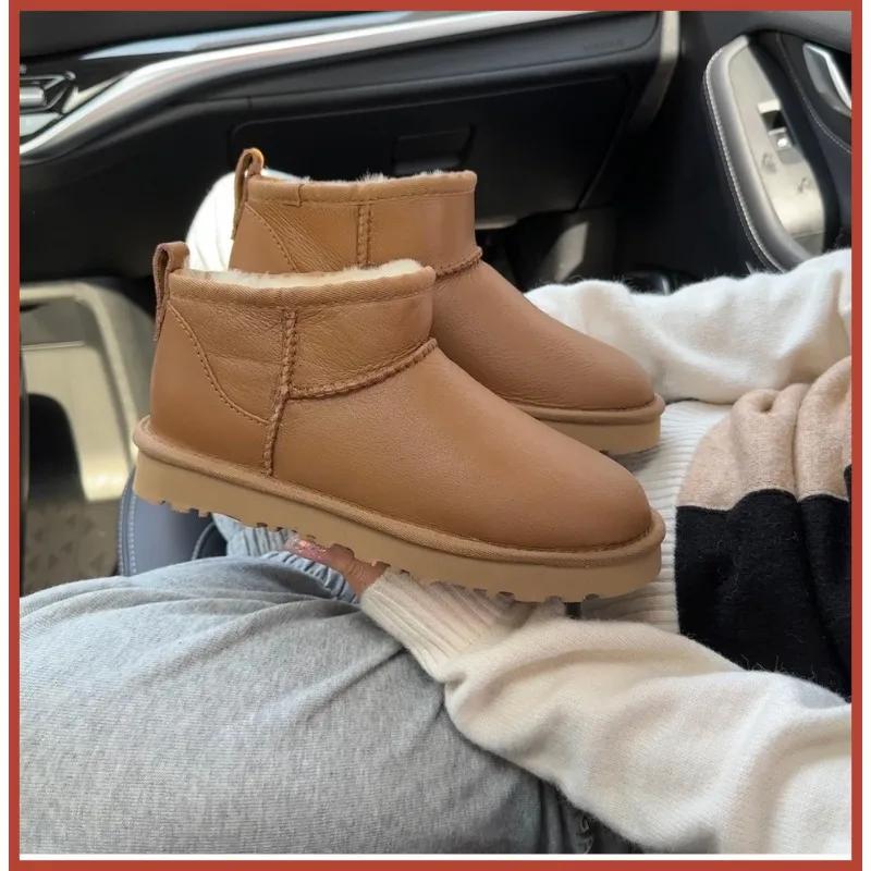 Fashion High Quality Wool Women's Boots, Waterproof and Glossy Leather Snow Boots, Pure Wool Warm High Top Low Top Flat Bottom