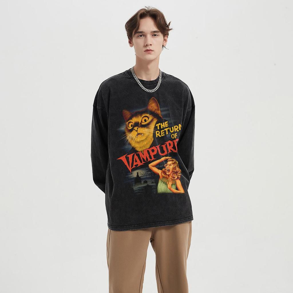 Streetwear Vampurr Graphic Washed Black T-Shirt Cotton Unisex Tops Tees Plus Size Long Sleeves T Shirt