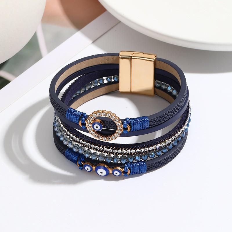 Bohemian Woven PU Leather Bracelet With Magnetic Clasp Women Vintage Style Adjustable Handmade Jewelry