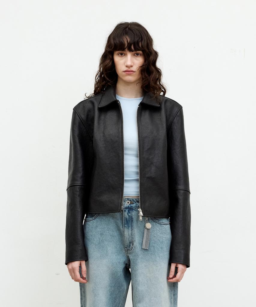 COOR WOMEN Lambskin Crop Leather Jumper (Black)