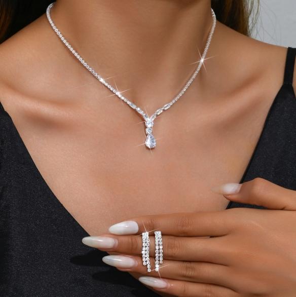 Elegant Jewelry Set: Earrings, Wedding Necklace, Silver, Zircons, B6