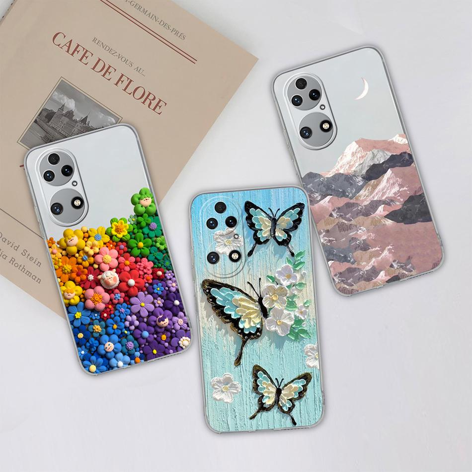 For Huawei P50 Pro P50E Phone Case Lucky Flowers Patterns Transparent Protective Funda For Huawei P 50 Soft TPU Silicone Bumper