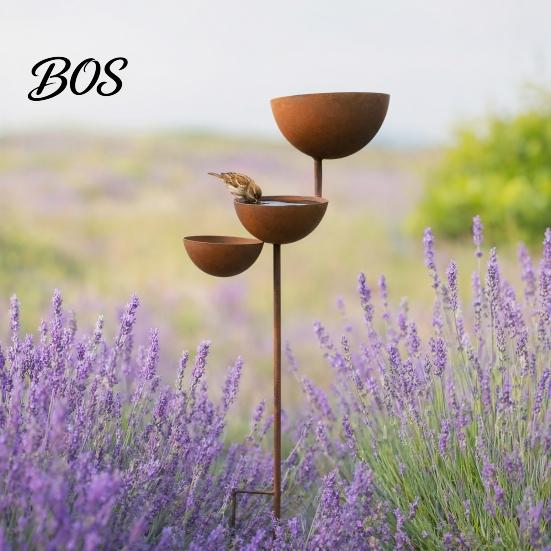 Anti-rust Garden Stake 3 Tiered Cascading Rain Catcher Bird Bath, Metal Water Stable Feeder Post Bowl Feeder, Outdoor Pollinator Watering Station for