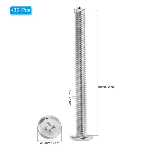 PATIKIL 16-Piece Round Head Phillips Head Machine Screws, M6-1 X 70mm, 304 Stainless Steel, 18-8 Full Thread, for Machinery and Furniture Repair, Conn