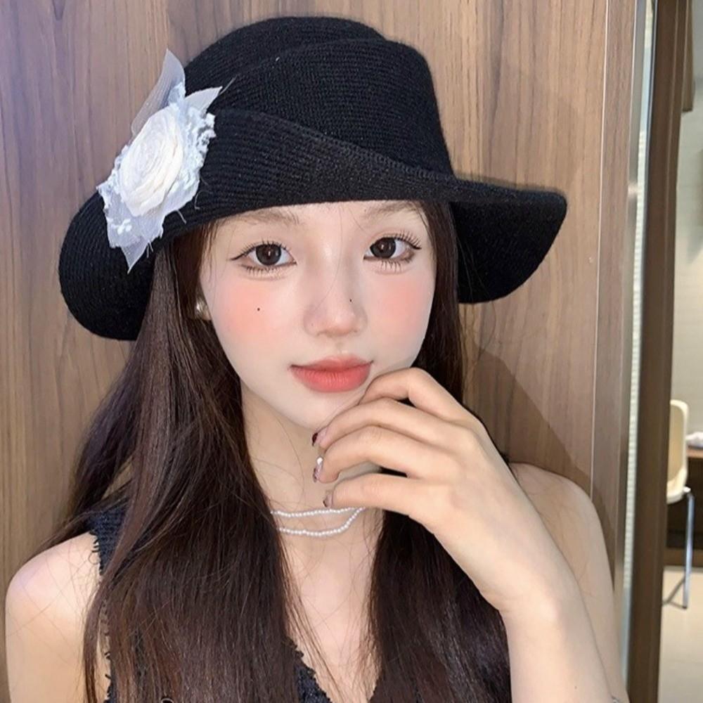 Lace Black Knitted Hat French Style Women Fisherman Hat Retro Hepburn Style Topper Hat  Funeral