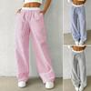 Women Pants Wide-Leg Casual Pants Elastic Waist Adjustable Drawstring Striped Design Long Trousers Daily Wear