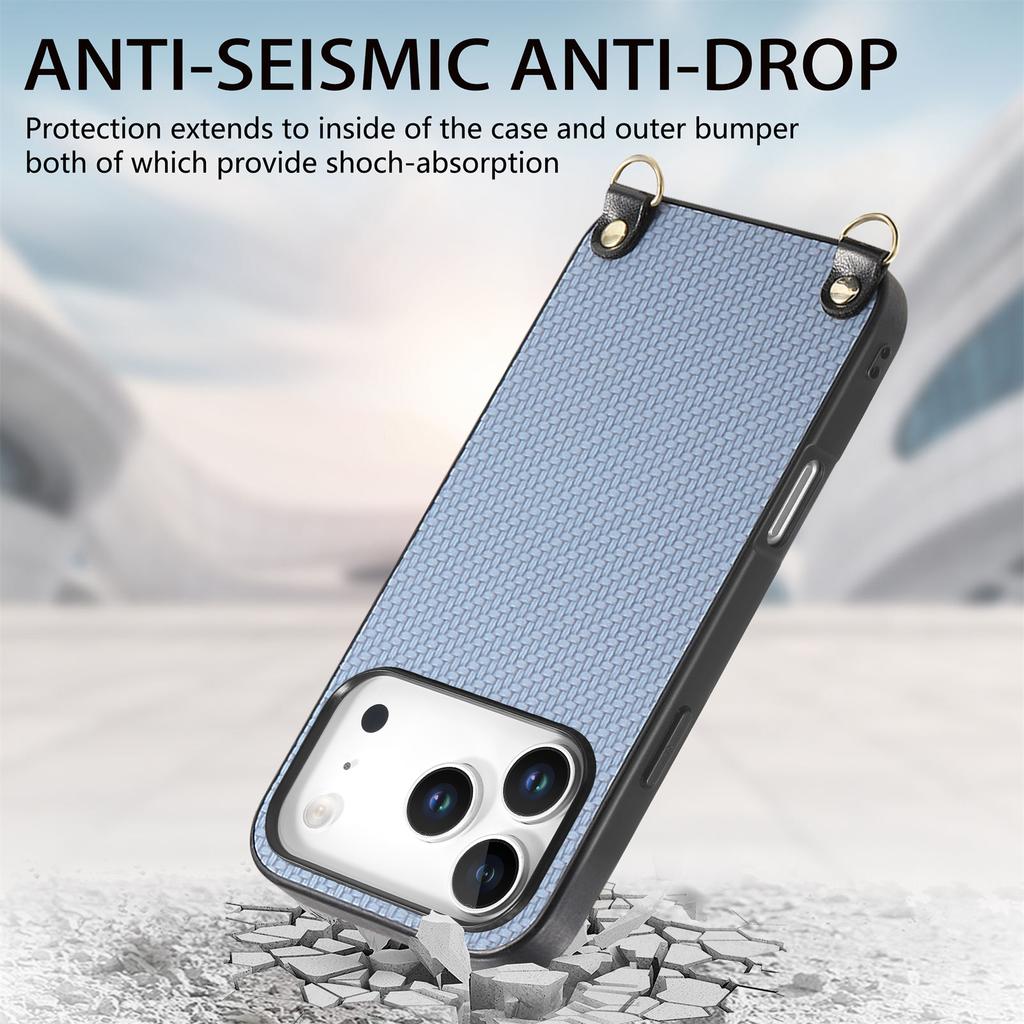 For iPhone 17 Pro Case Carbon Fiber Texture PU+PC+TPU Anti Drop Phone Cover with Crossbody Lanyard