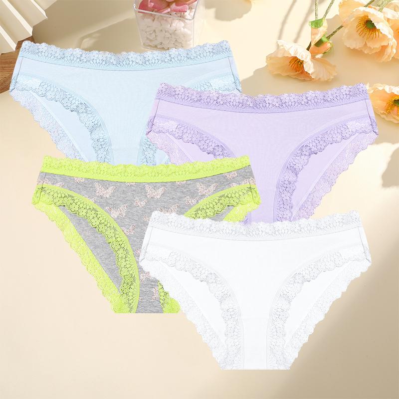 4PCS Women Cotton Printing Panties Seamless Lace Panties Low Rise Female Underwear Comfortable Sexy Lingerie Intimates Panties