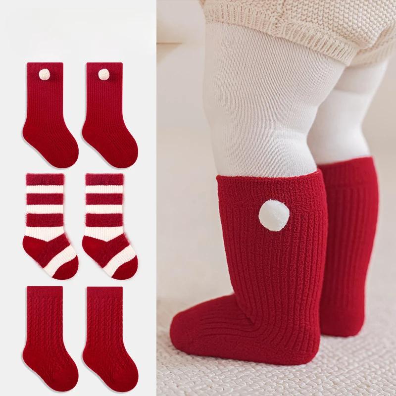Baby Socks Autumn Winter Thickened Warm Children Red New Year Socks Full Moon Year Old Boy Girl Toddler Boneless Mid Tube Socks