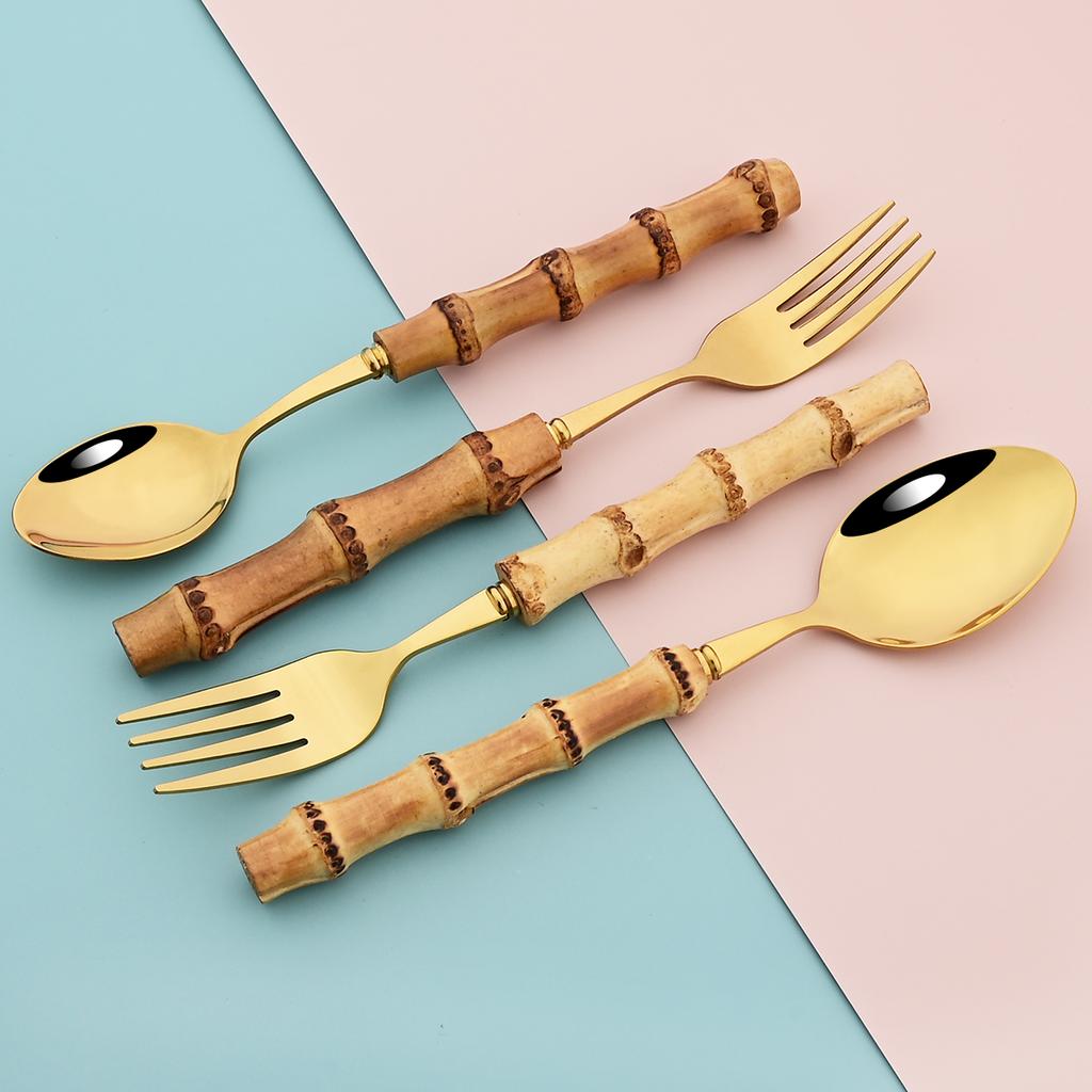 20Pcs Gold Stainless Steel Cutlery Set Wood Bamboo Root Handle Dinnerware Knife Tea Spoon Cake Fork Tableware Kitchen Silverware