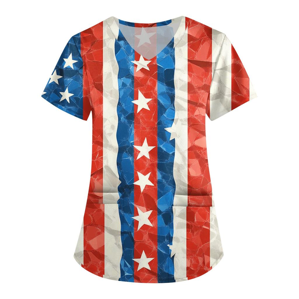 Women's Fashion V-neck Short-sleeved Work Dress With Pockets Independence Day Printed Top Carer Suit
