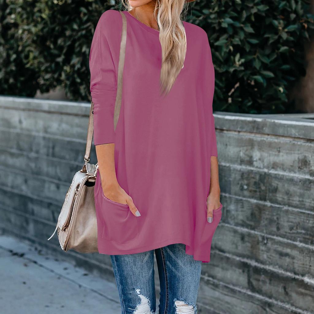 Women's Solid Color O-neck Long Sleeve T-shirt Pocket Size Top