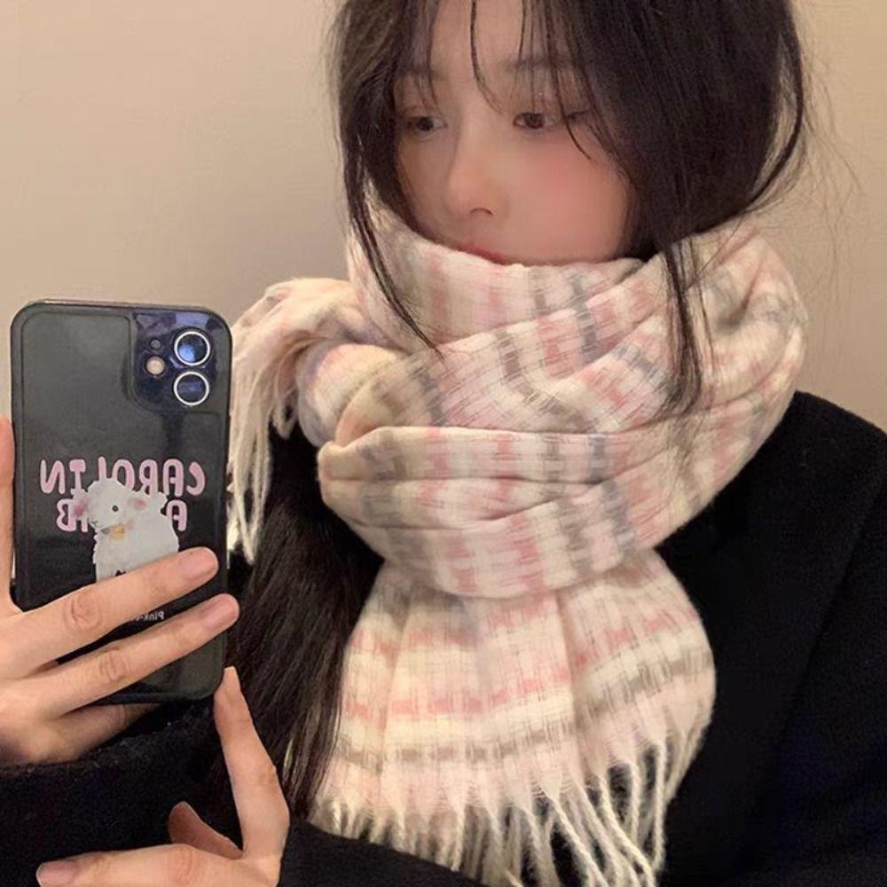 Thickened Knitted Plaid Scarf Korean Style Winter Cashmere Shawl Y2K Checkered Scarf  Unisex