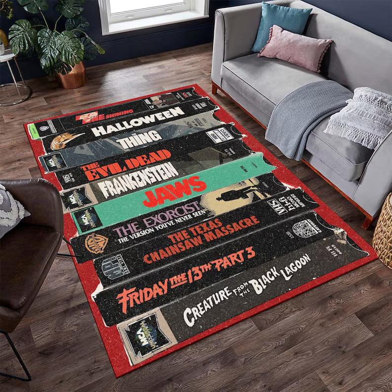 Classic Horror Movie VHS Tape Carpet Mat Rug Horror Film Pattern Home Decoration Floor Rugs for Living Room Bedroom Media Room