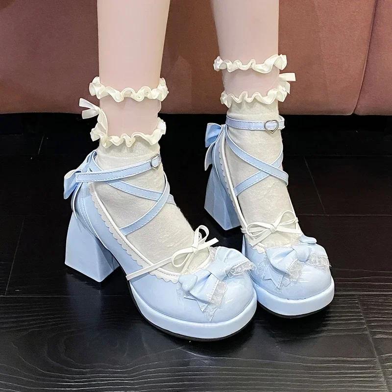 Fashion Women Platform Lolita Shoes Bow Mary Janes Shoes Party High Heels Trend Kawaii Leather Shoes Lace Fashion Chunky Heeled Pumps