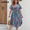 Plus Size Women's Dress Elegant V-neck Loose Lantern Sleeve Temperament Printed Dresses