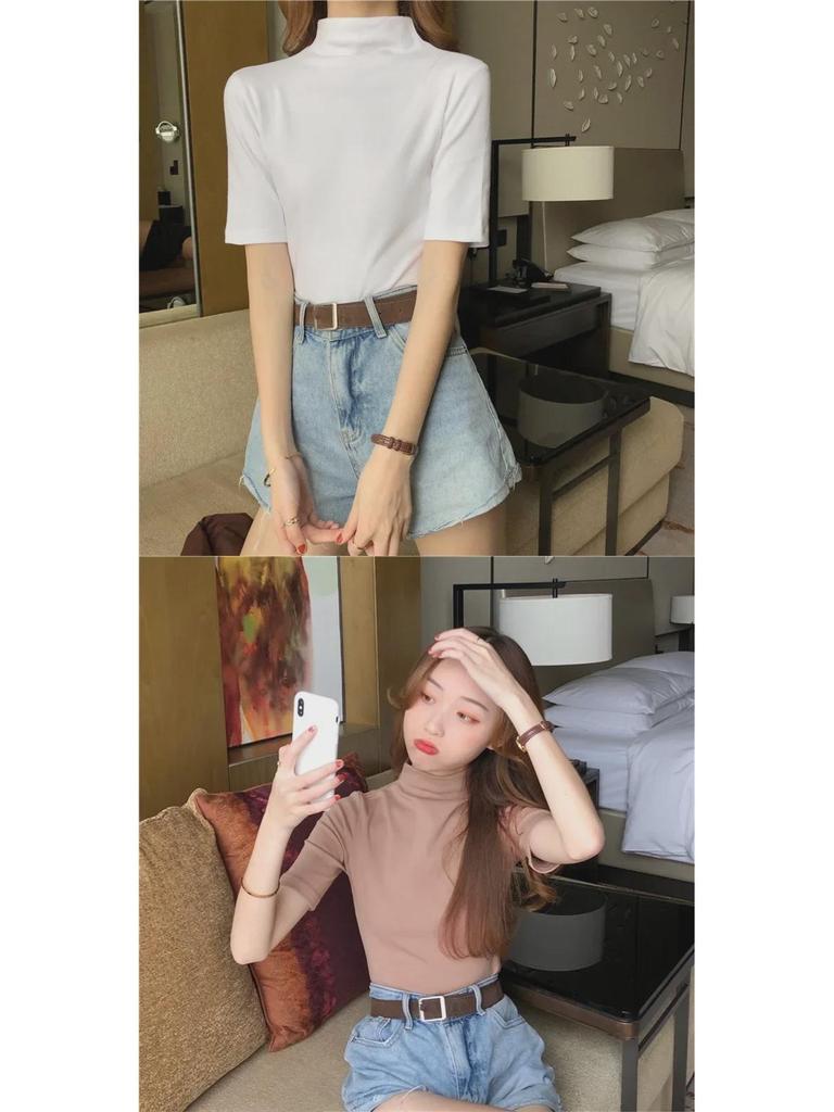 2027 Реальный Выстрел: Женская облегающая футболка с коротким рукавом и полуводолазкой (95% хлопок, 5% спандекс)