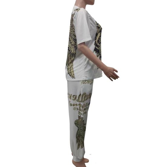 2 Pcs/Set Women T-shirt Pants Set Tiger Print Round Neck Short Sleeves Top Ankle-banded Elastic Waist Trousers Casual Daily Wear Outfit