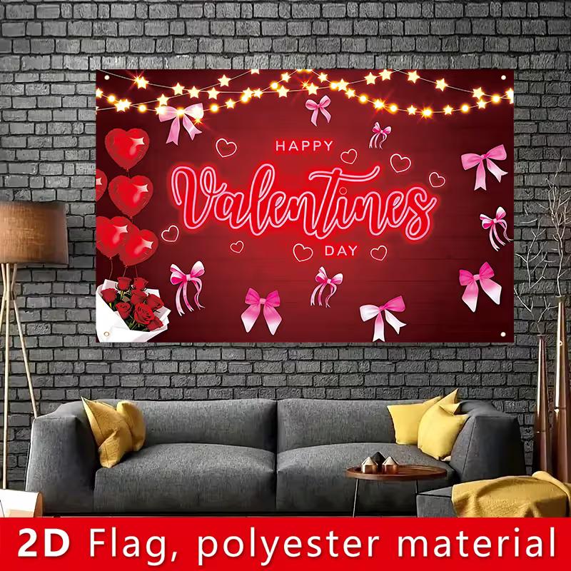 2D Valentine's Photo Booth Backdrop "Happy Valentine's Day" with Cute Bows and Star Lights