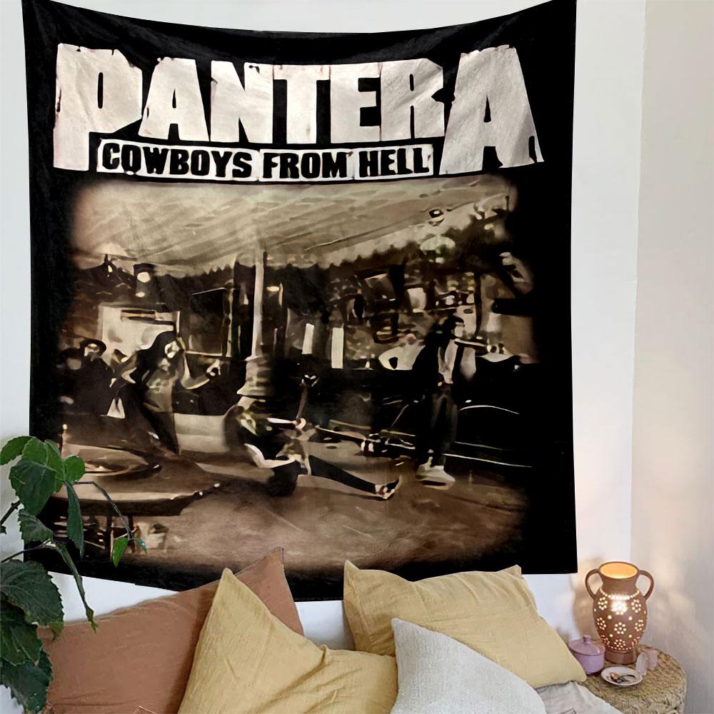 Band members performing energetically in a rustic indoor setting. Patterned tapestry for bedroom and living room home decor