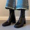 Block Heel Booties Women 2025 Fall Winter New Retro Platform Heightened Versatile Square Toe Rear Zipper
