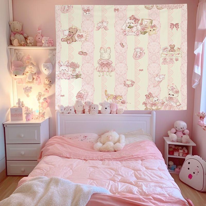 Princess Lolita Cute Rabbit Little Bear Tapestry, Bow Cartoon Wall Hanging for Bedroom Living Room Dorm Decor