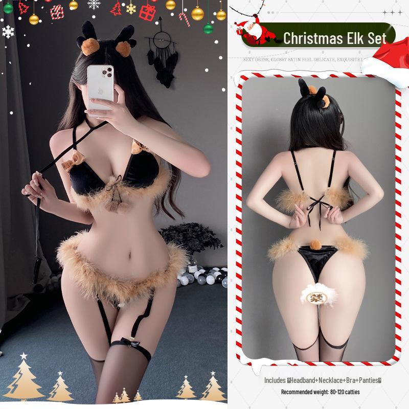 Man Yan Three-Piece Bowknot Reindeer Plush Lingerie Set 9891