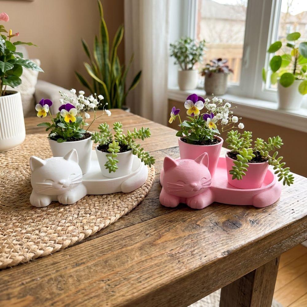3D Printed Cat-Shaped Flower Pot Cute Animal Mini Potted Plant Jewelry Tray  Indoor/Outdoor Use