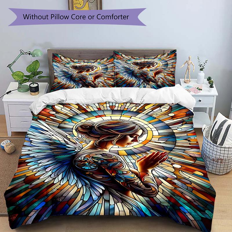 3pcs Stained Glass Angel Design Bedding Set - Includes One Quilt Cover and Two Pillowcases (No Core) - Home Decor, Festive Gift, Polyester Fabric, Ani