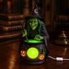 Halloween Witch Cauldron Decor Statue with Glowing Cauldron, USB Powered Resin Black Creative Gift for Friends Pot Figurine Green/Purple LED