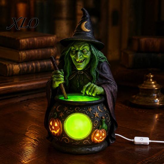 Halloween Witch Cauldron Decor Statue with Glowing Cauldron, USB Powered Resin Black Creative Gift for Friends Pot Figurine Green/Purple LED