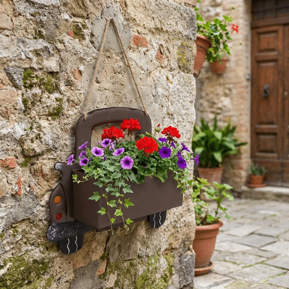 Retro Cartoon Truck Shaped Flower Pot Iron Car Wall Planter Hanging Truck Planter for Balcony