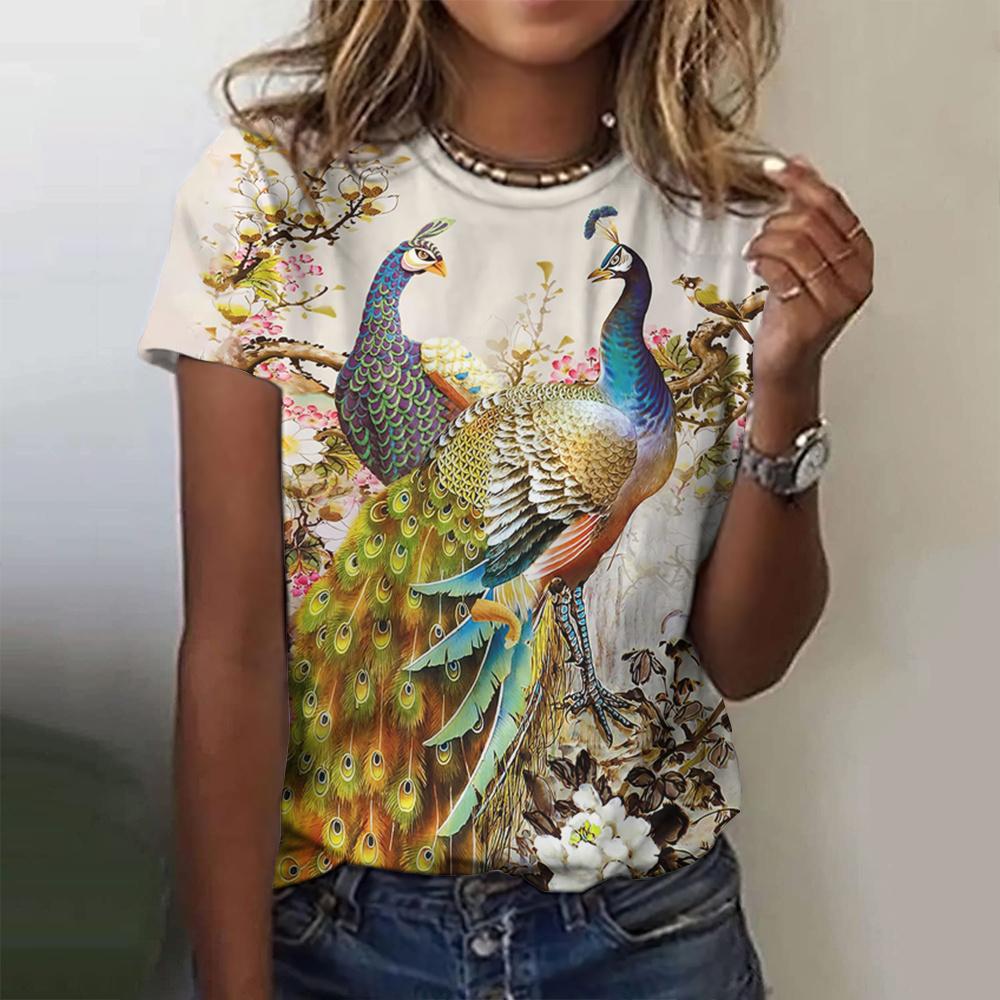 Женская роскошная футболка, летние топы с 3D принтом павлина, футболки, повседневные пуловеры с короткими рукавами, модная футболка большого размера, женская одежда