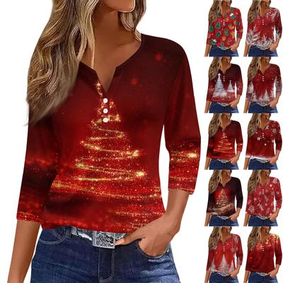 Женский повседневный модный топ с V-образным вырезом, свободного кроя, универсальный, с рождественским принтом, рукав три четверти
