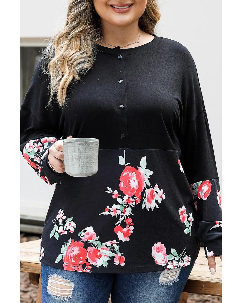 Azura Exchange Black Plus Size Floral Printed Splicing Half Button Top