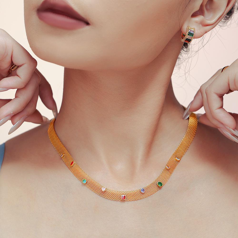 Комплект ожерелья и браслета Mili Colorful Zircon с геометрической сетчатой цепочкой из невыцветающей титановой стали