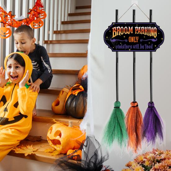 Знак парковки в виде метлы на Хэллоуин с 3 деревянными метлами ведьмы, подвесное украшение из цельного дерева, декоративный знак парковки в виде метлы на стену переднего крыльца