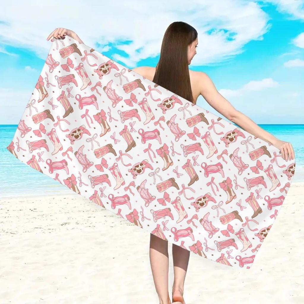 Pink Bow 2D Flat Printed Peach Skin Beach Towel Kawaii Fruit Bath Towel Summer Seaside Vacation Sand Free Travel Blanket Mat
