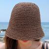 Women Summer Solid Color Woven Straw Bucket Sun Hat Foldable Wide Brim Hollow Breathable Sunscreen Beach Hat