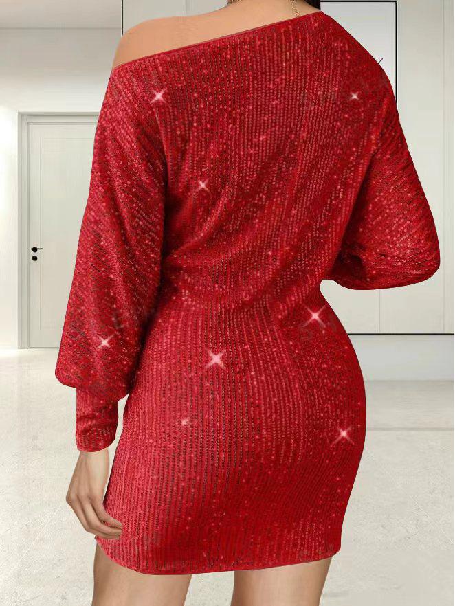 2024 Spring/Summer Women's One-Shoulder Sequin Midi Dress with Long Sleeves