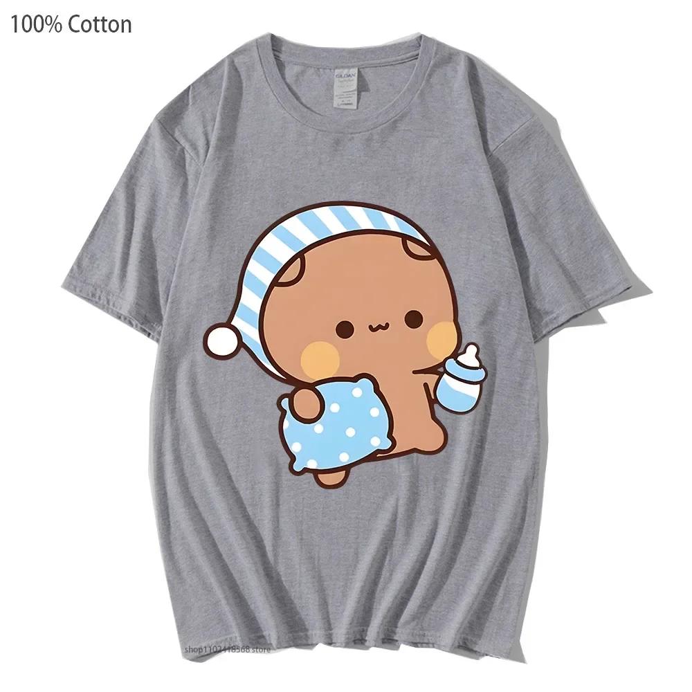 Couple Shirts Kawaii Cute BuBu Panda Going To Sleep with DuDu Bear Graphic Tshirt Cotton Men Women Clothes Long Sleeve Tees